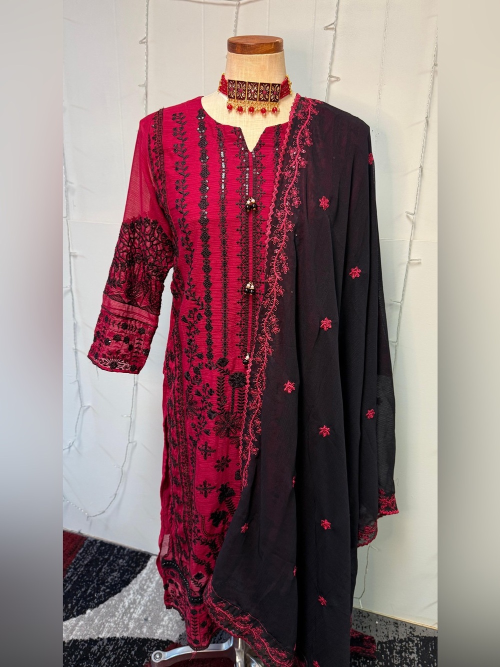 Elegant Women's Embroidered Black & Fuchsia Dress with Dupatta